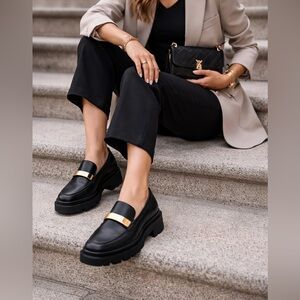 Donna Karan Sabina Black Gold Loafers Chunky Lug Sole Designer Slip-On Flats 9